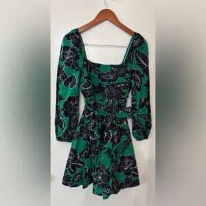 Caroline Constas Green/Black Cotton Floral Smocked Mini Dress Size Medium NWT